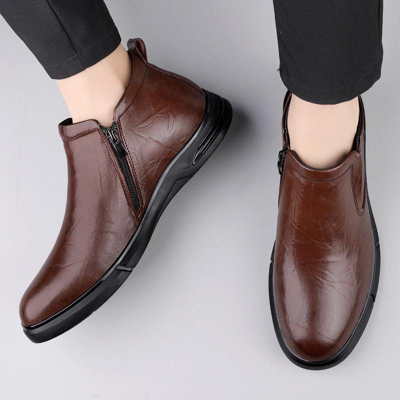 Fashion Genuine Leather Men Casual High Top Shoes Male Comfortable Motorcycle Boots Men Winter Plush Snow Boots Side Zipper Men Sneakers