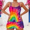 Women Plus Size Scoop Neck Strappy Tank Top Floral Printed Navy Blue Two Piece Shorts Set