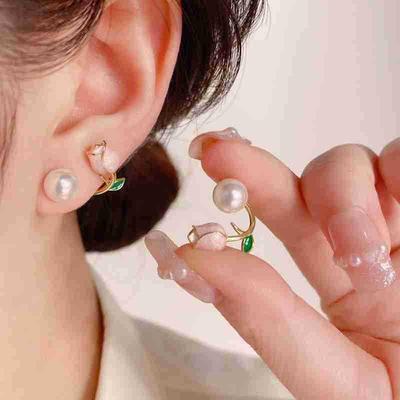 2026 Spring/Summer Pink Tulip Faux Pearl Stud Earrings - Forest Style 925 Sterling Silver for Women