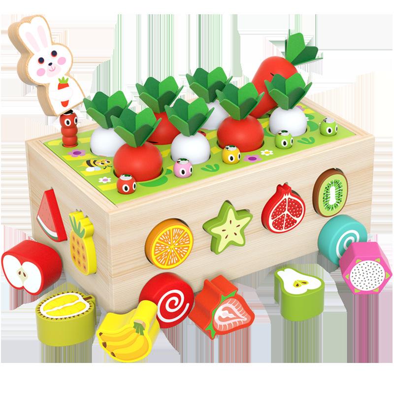 Wood Multi-Functional Children'S Educational Fruit Animal Shape Building Block Pulling Radish Pairing Farm Intelligence Car Toy