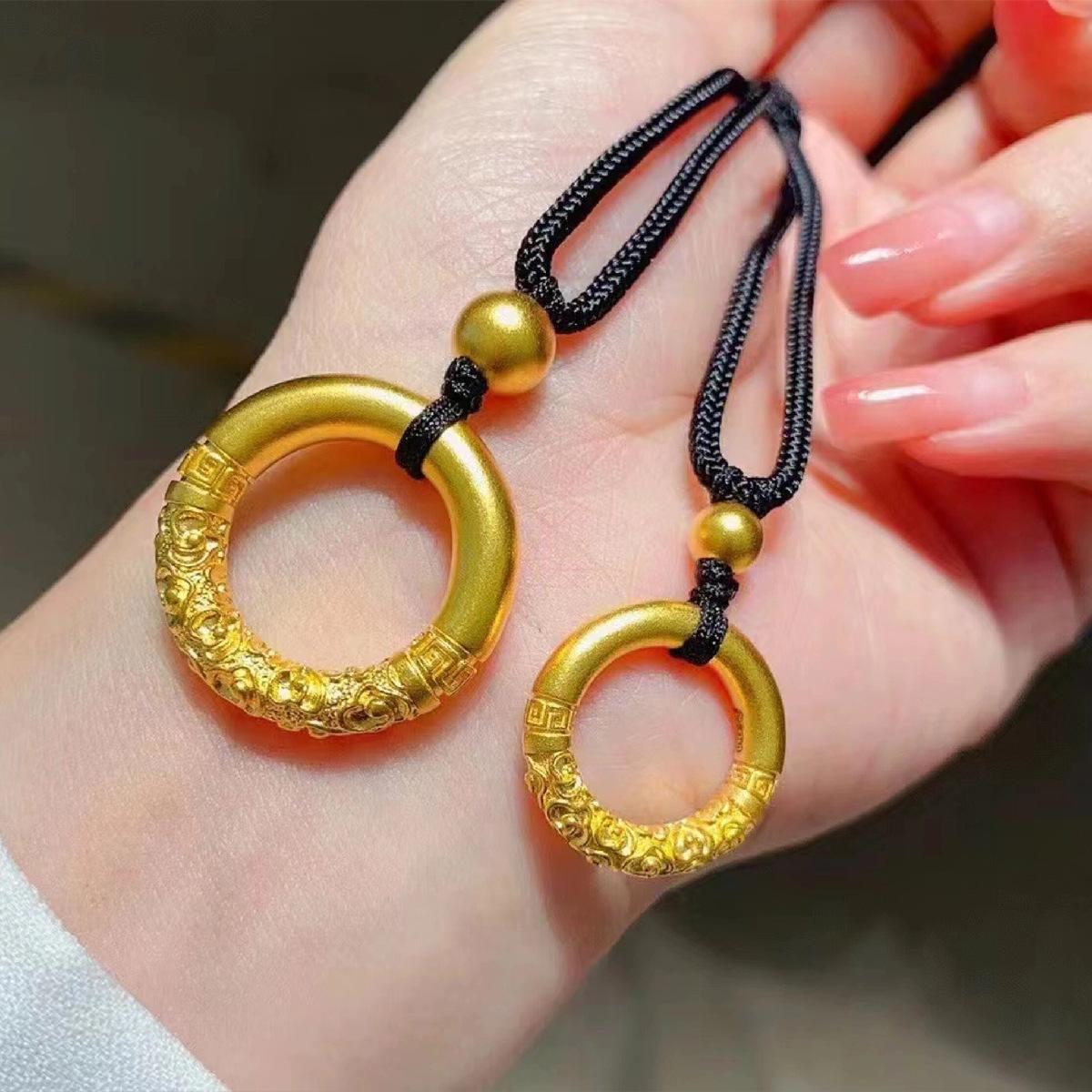 

Ancient Gold Peace Buckle Pendant Necklace for Women - 999 Fine Gold Woven Cord Valentine s Gift Ruyi Gold Hoop + Gold Bead Black Cord [Small]