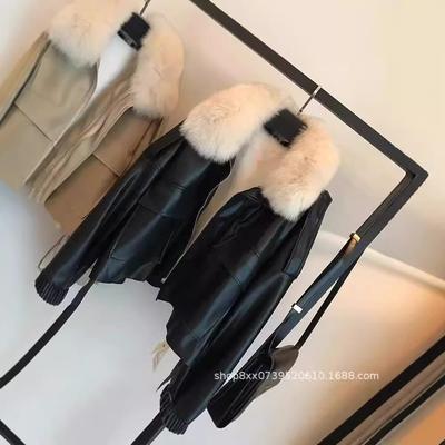 2024 Autumn and Winter Fleece-lined Thick Leather Coat Short Detachable Faux Fox Fur Collar Fur Integrated Jacket Coat for Women