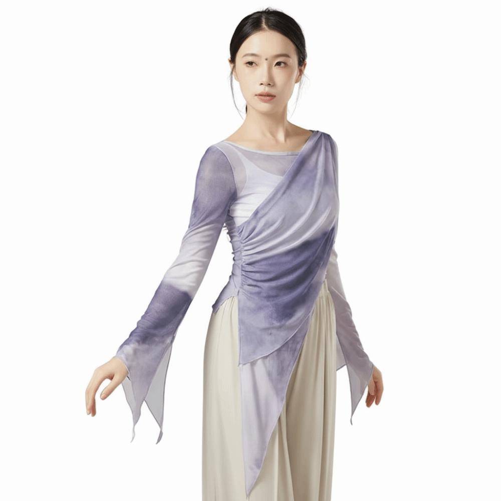 Long Slit Classical Dance Mesh Top Prints Chinese Hanfu  Women Dance Wear