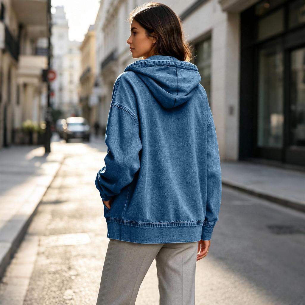 Women's Casual Full-Zip Hooded Denim Jacket for Everyday Wear