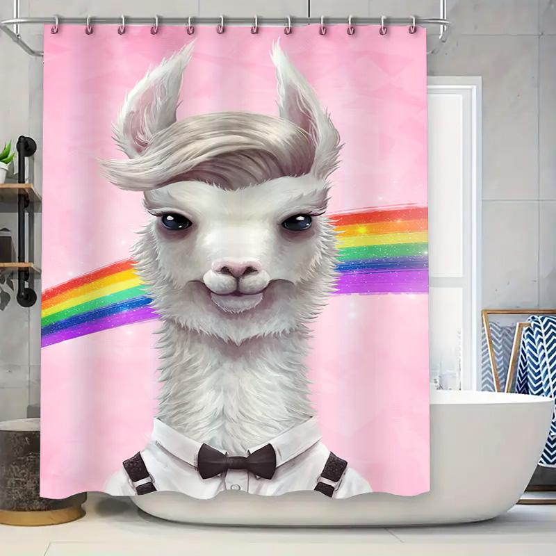 Rainbow Llama Shower Curtain Pink Background With White Furry Character Costume Shirt Bow Tie Design For Bathroom Decorations