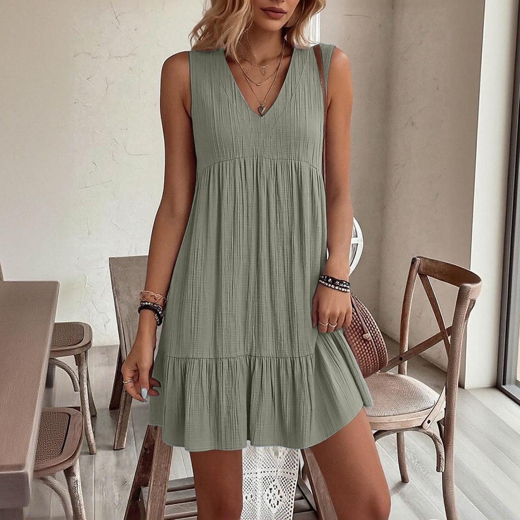 Women’s Summer V Neck Loose Fit Sleeveless Dress with Pleated Texture and Casual Relaxed for Daily Wear