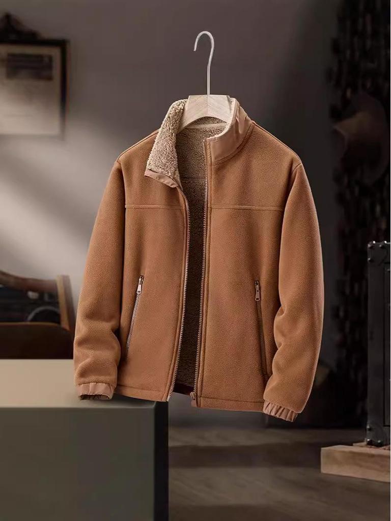 2025 Men's Stand Collar Fleece Jacket for Autumn/Winter - Solid Color, Extra Warmth, Ideal for Middle-aged and Elderly