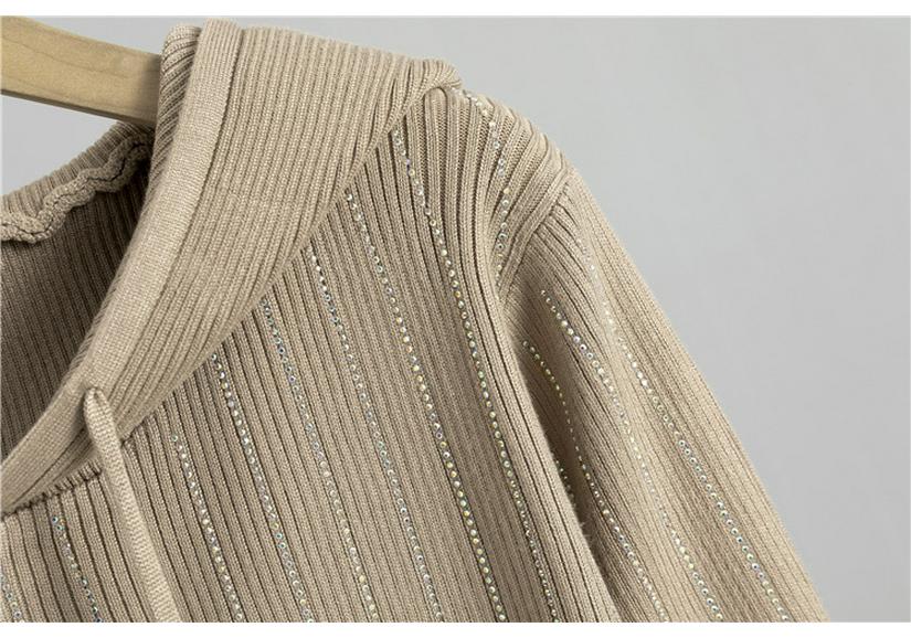 Women's Rhinestone Knit Hooded Cardigan & Skirt Set - Autumn/Winter Fragrance Style