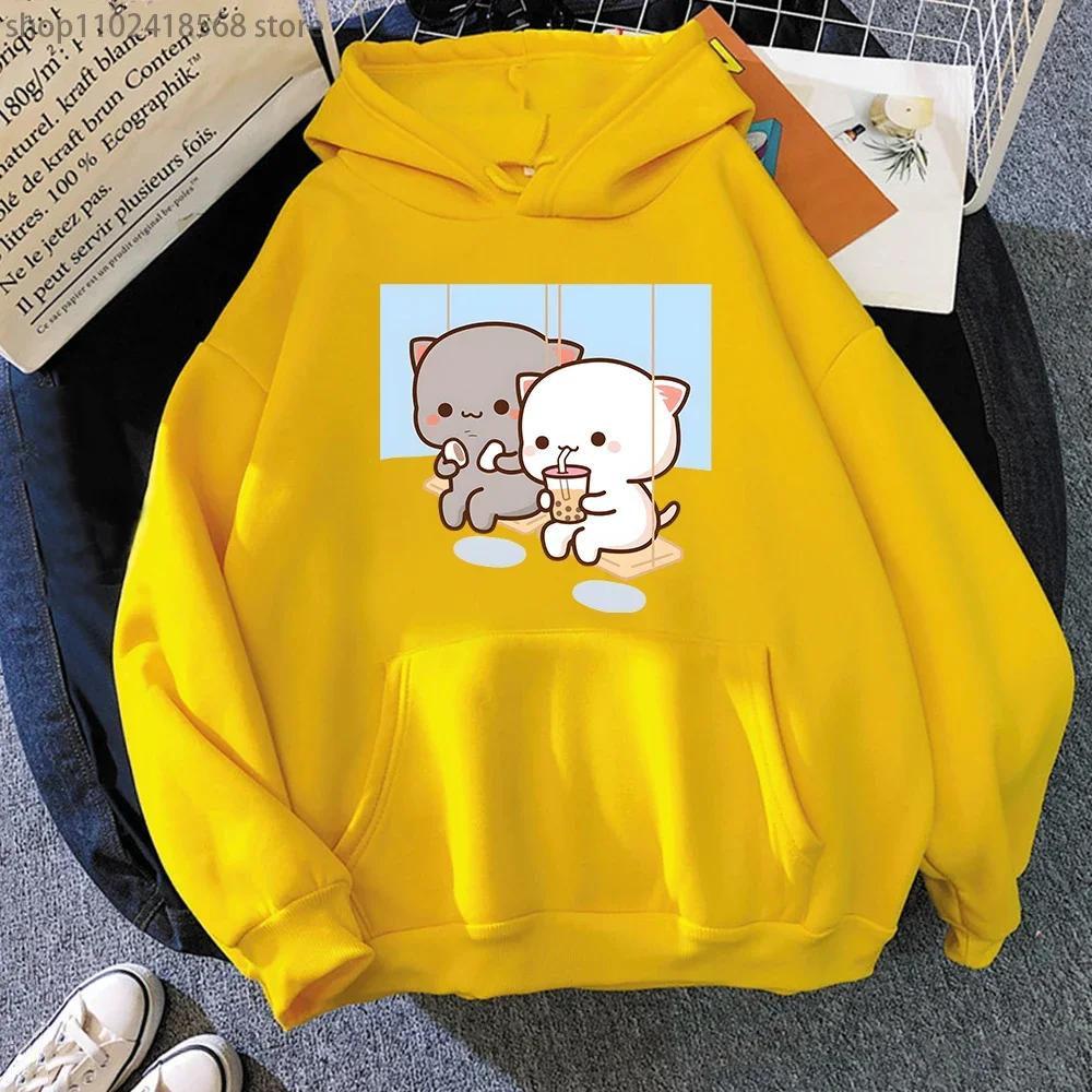 Cute Peach Cat Cartoon Hoodies Bubble Tea Sweatshirt Mujer Camisetas Black Top Winter Kawaii Graphic Long Sleeve Clothing