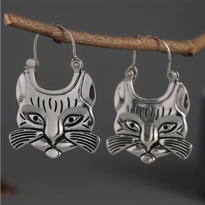 Vintage Cat Earrings Simple  Silver Color Metal Dangle Earrings for Women Jewelry