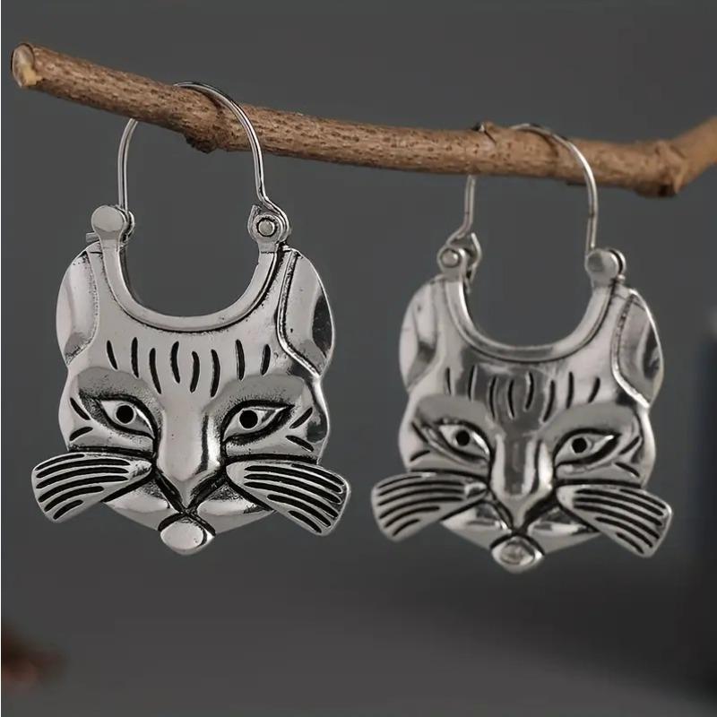 Vintage Cat Earrings Simple  Silver Color Metal Dangle Earrings for Women Jewelry