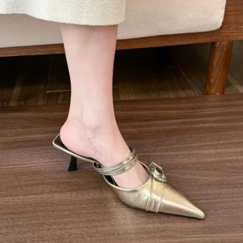 Pointed Toe Belt Buckle Half-drag French Outward Wear New Women's Summer Baotou High-heeled Shoes