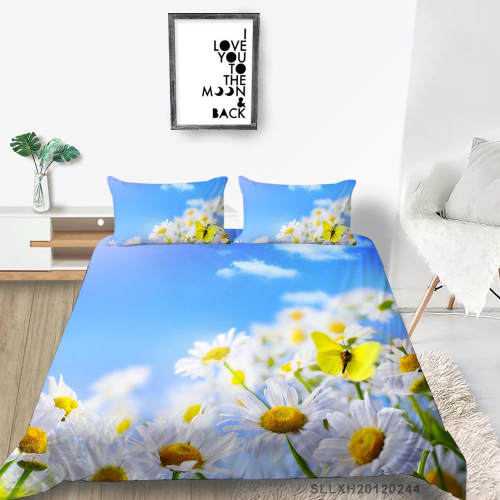 3D-Bettwäsche mit kleinem Gänseblümchenmuster, Einzelbett, Doppelbett, volle Größe, Pflanzen-Chrysanthemen-Muster, Kissenbezug und Bettbezug, 2 oder 3 bequeme Heimdekoration