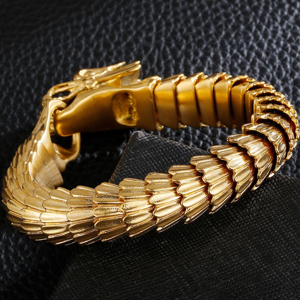 Dragon Head Animal Man Bracelet Gold Color 316L Stainless Steel Dragon Keel Chain Men's Bracelets Wristband Viking Charm Bangle