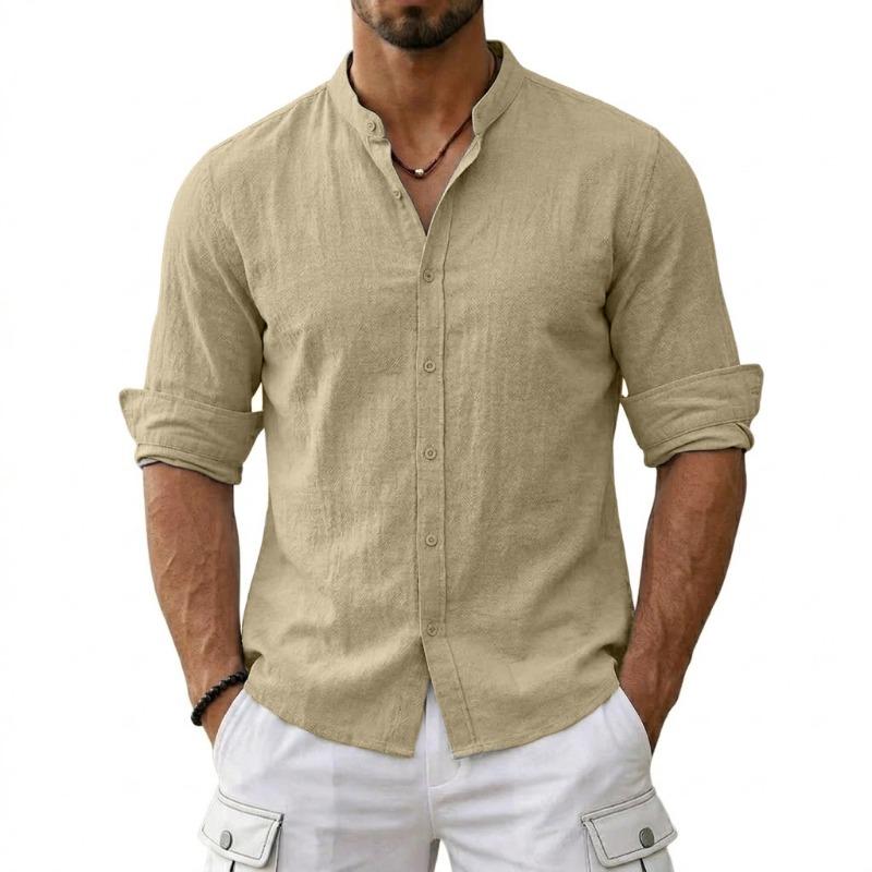 Nuevas Camisas de Algodón y Lino para Hombre Casual Lujo Hawaianas Ligeras Manga Larga Henley Camisas de Playa Camisetas para Hombre 5XL beige
