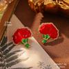 European Retro Geometric Red Metal Earrings with Pearl Flower Studs