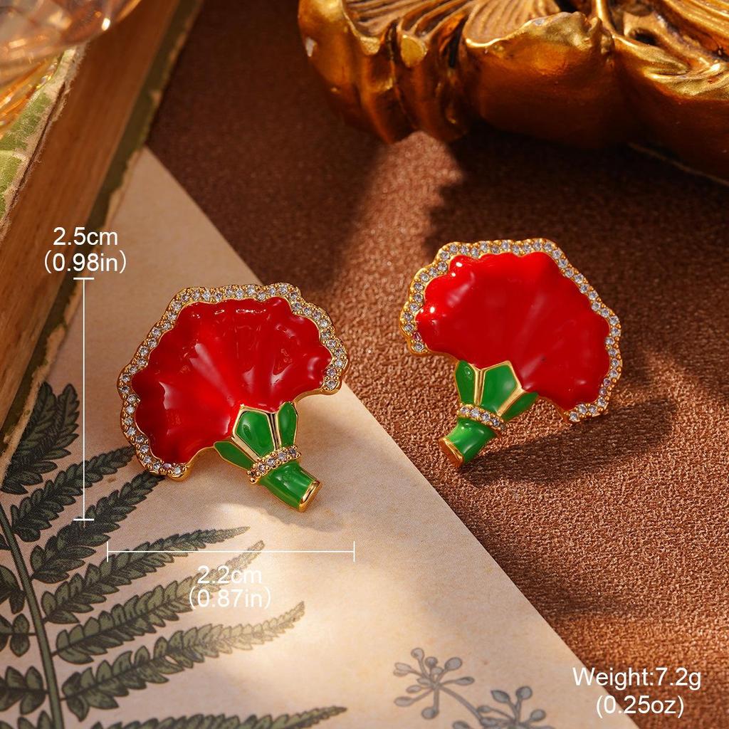 European Retro Geometric Red Metal Earrings with Pearl Flower Studs