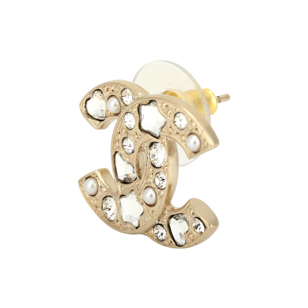 Chanel 25P Spring Summer Double C Irregular Rhinestone Design Metal Earrings Women Earrings Gold ABF217-B19947-NAFRM