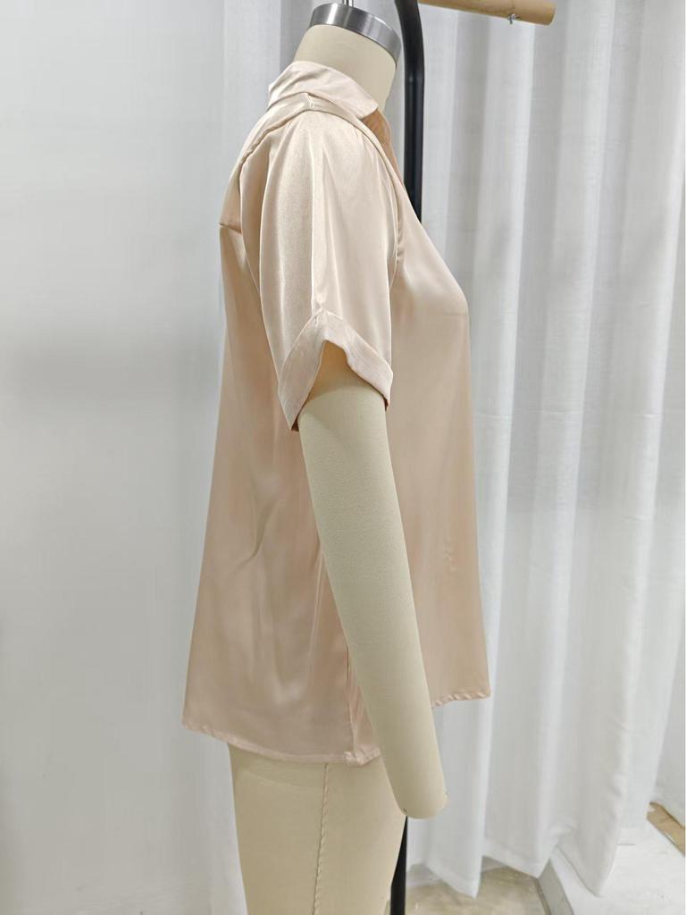 Women's Elegant V-Neck Satin Shirt – Short Sleeve, Imitation Silk, Solid Color, Perfect for Spring and Summer.