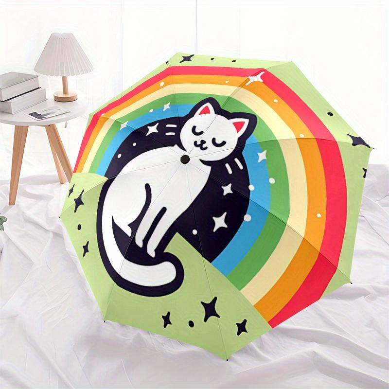 1pc Rainbow Cat Automatic Folding Umbrella Portable Collapsible Design, 8-Rib Iron Frame, Durable Fabric, All-Season Casual Outdoor 175