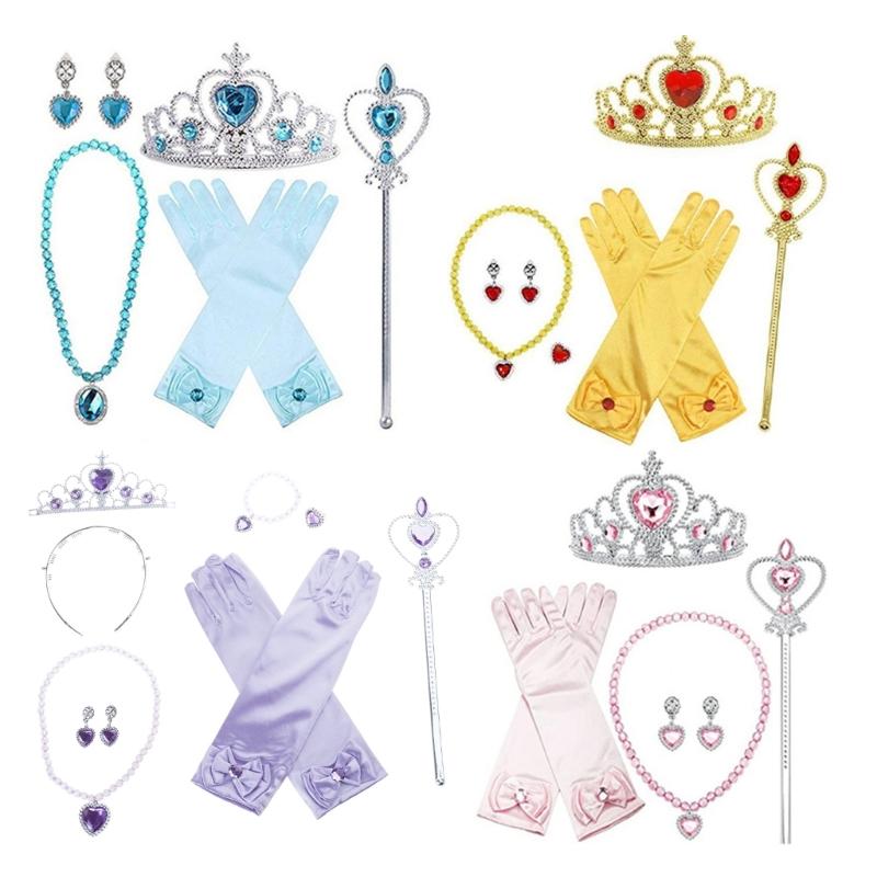 Princess Costume Accessories Birthday Party Clothing Set Gloves Crown Necklace and Hair Braid for Girls' Dress Up