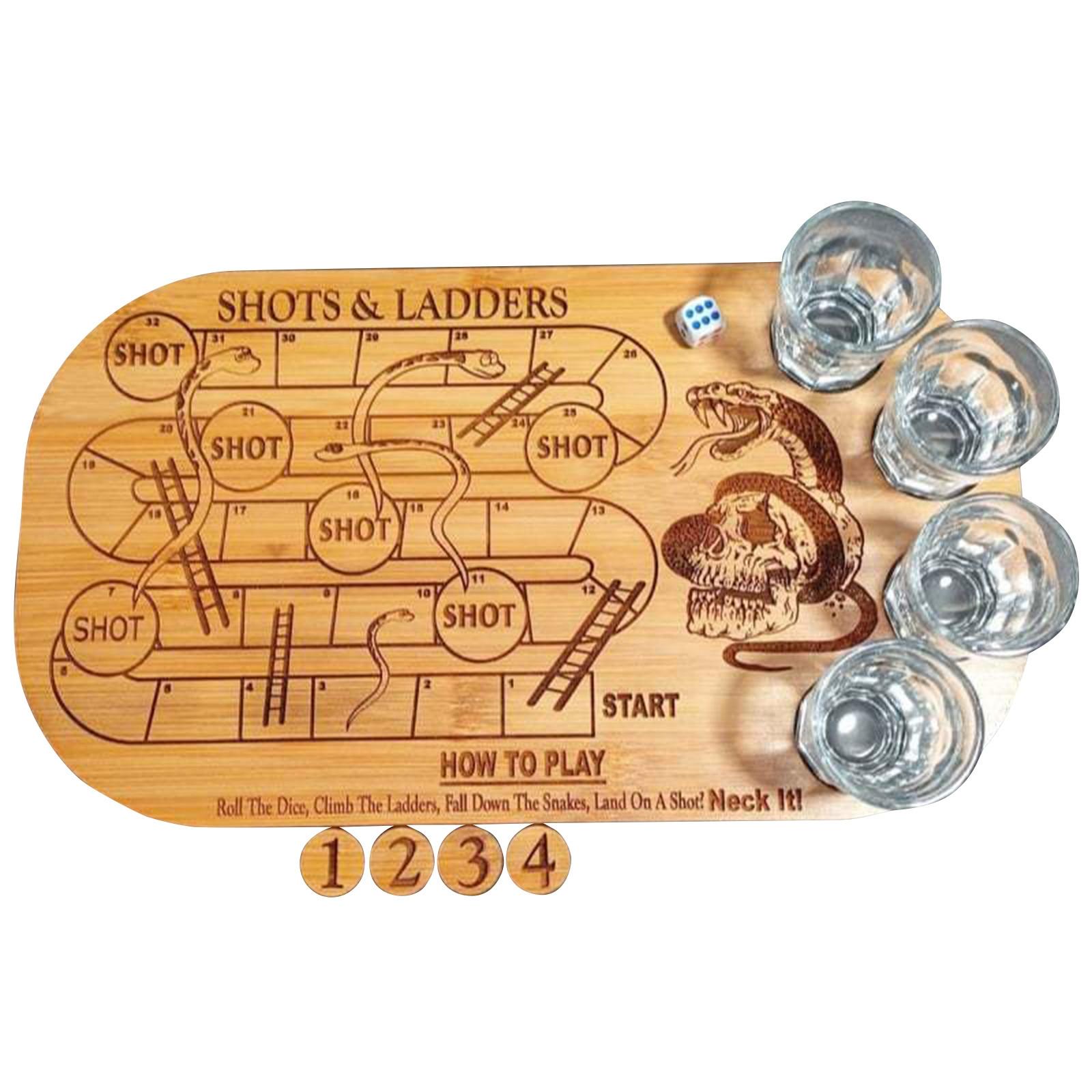

Wooden Shots and Ladders Drinking Game Board with Integrated Shot Glass Holders and Dice Rolling Area for Adult Party Entertainment