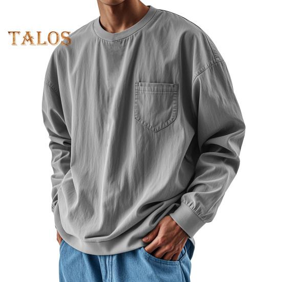 Top da Uomo Primavera Autunno con Taschino al Petto Girocollo Maniche Lunghe Polsini Elasticizzati T-shirt Tinta Unita Felpa Larga per Uso Quotidiano Sport