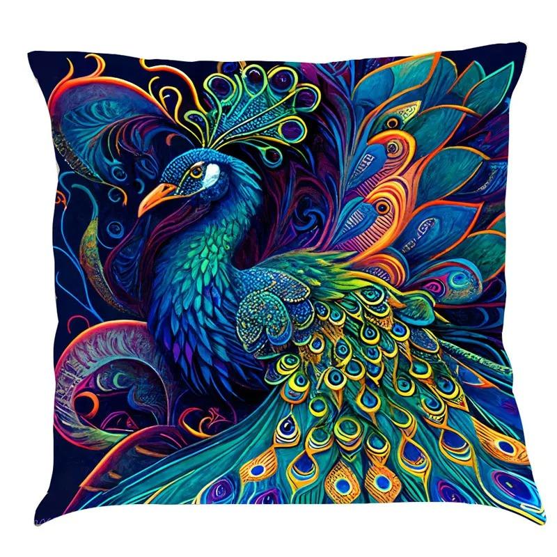 Nordic Style Peacock Cat Puppy Oil Painting Print Pillowcase 45x45 Cm Living Room Sofa Cushion Cover Bedroom Home Decoration