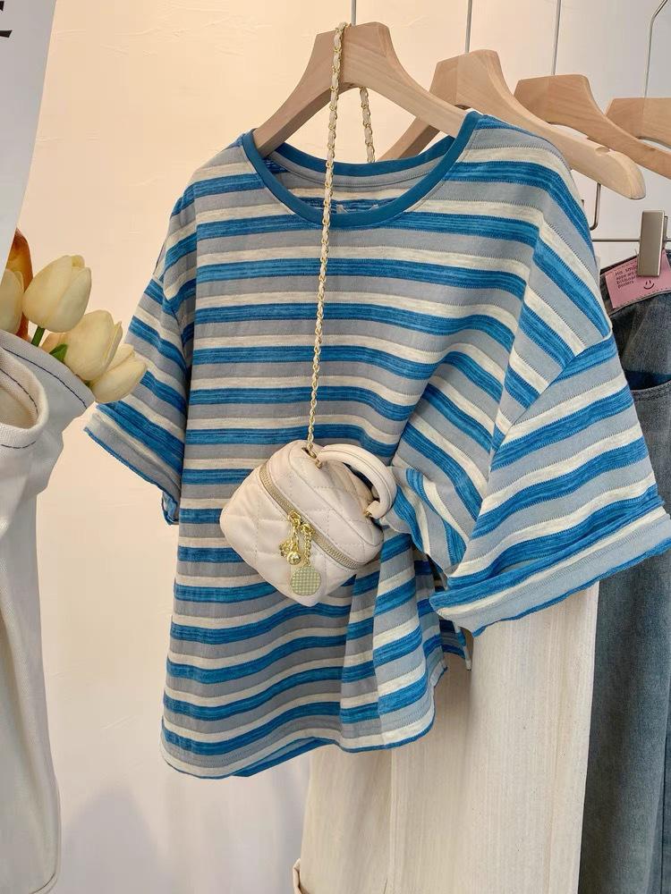 Plus Size Green Striped Short Sleeve Women's Summer T-Shirt - Lightweight, Loose Fit