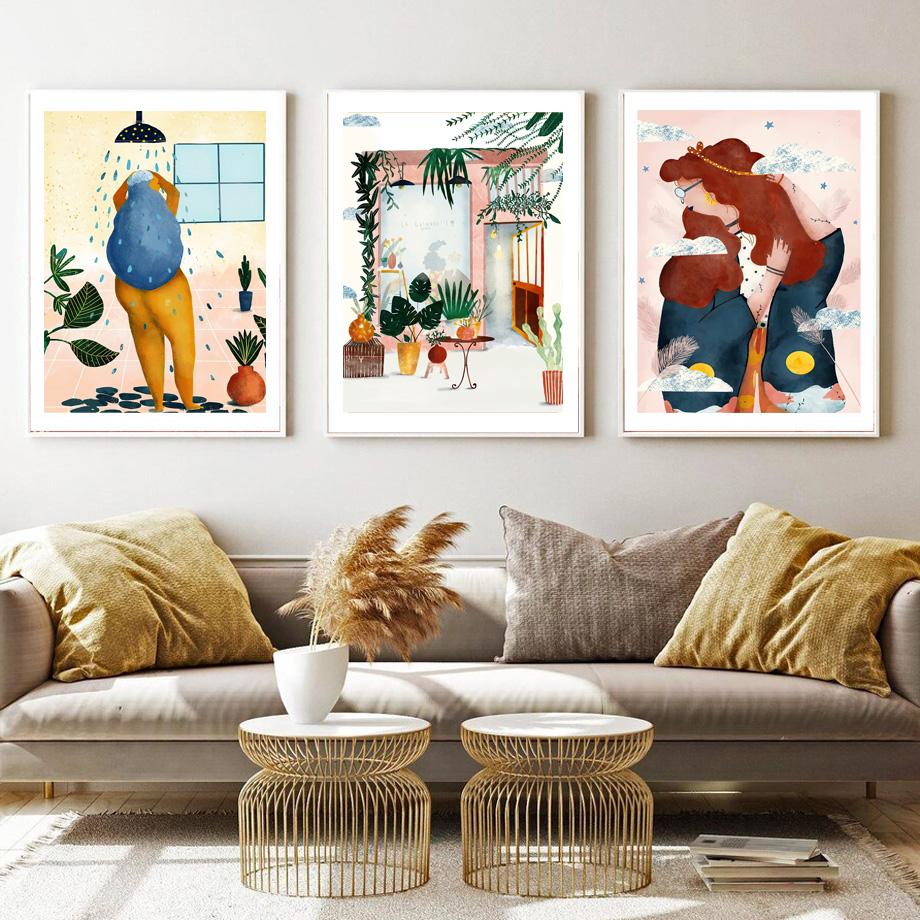 Sommerjente En liten lur Villblomst Jungelplanter Veggkunsttrykk Lerretsmaling Nordisk plakat Dekorbilder til stuen