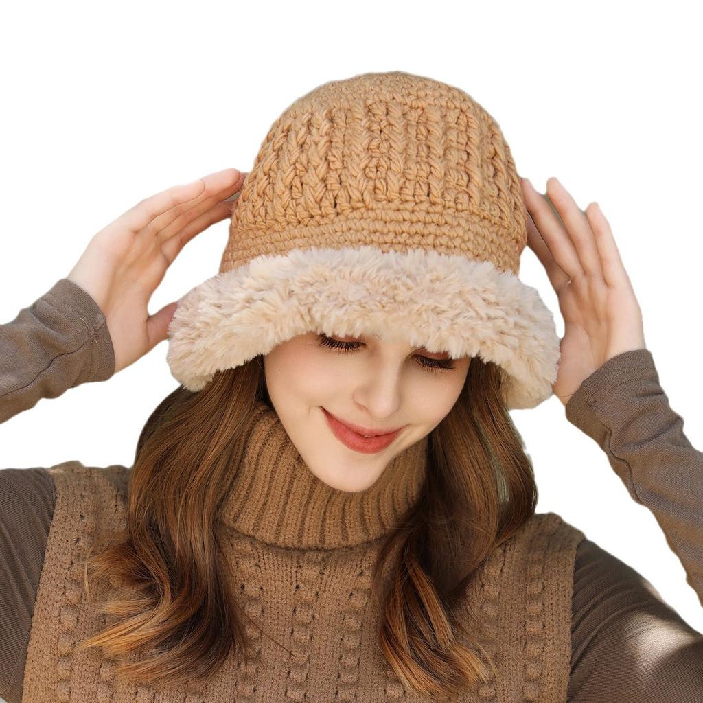 Plush Edge Knitted Bucket Hat Women's Autumn and Winter Warm Versatile Big Head Circumference Showing Face Small Wool Bag Head Ear Protection Hat