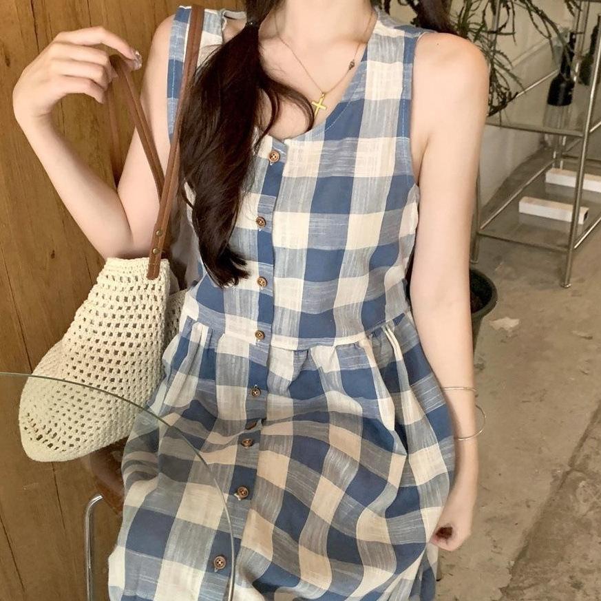 Retro style plaid button off-the-shoulder vest dress women's summer casual loose waist thin A-shaped long dress