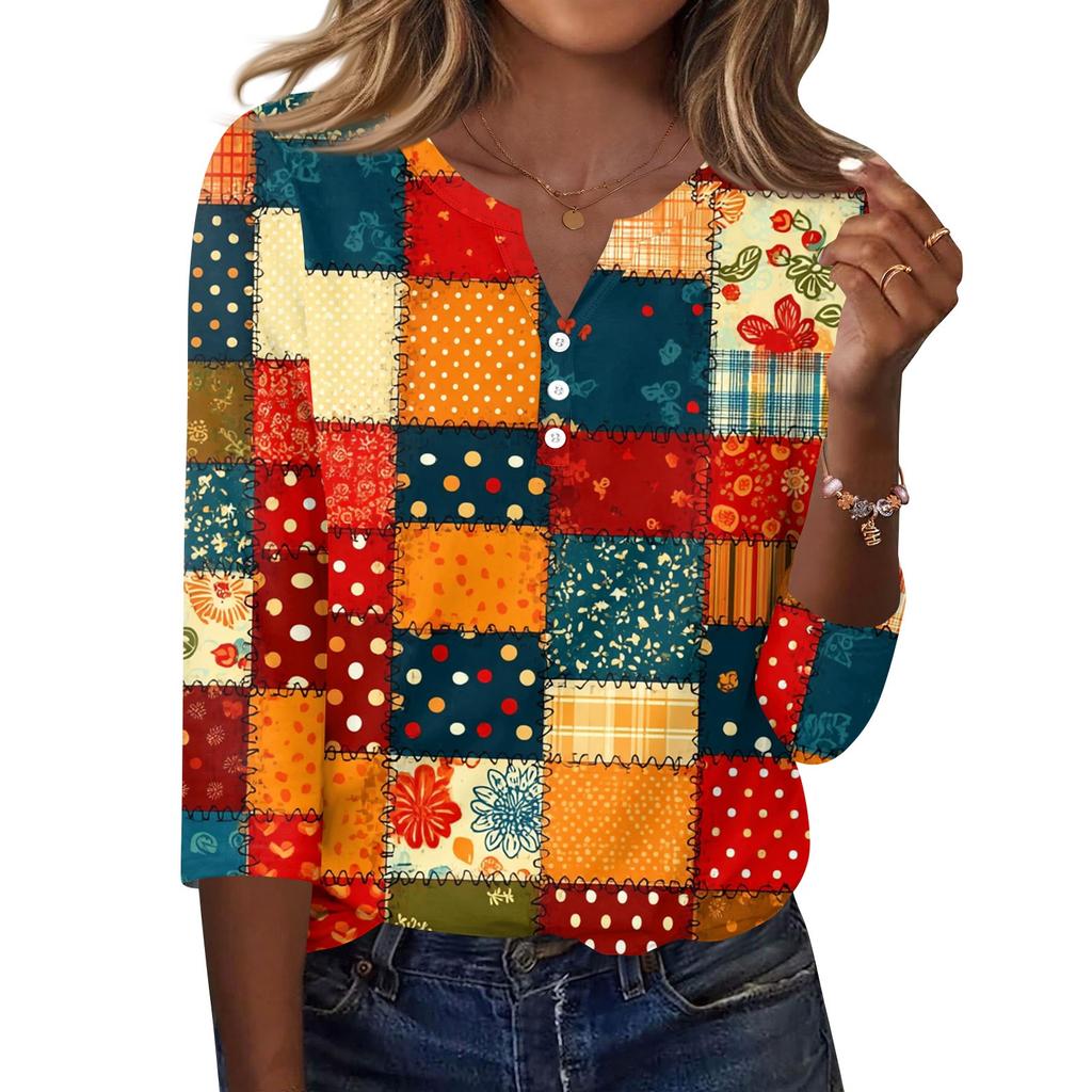 Damen T-Shirt mit Aufdruck, Knopfleiste, 3/4-Ärmel, für den Alltag, Wochenendmode, Basic, V-Ausschnitt, normales Oberteil