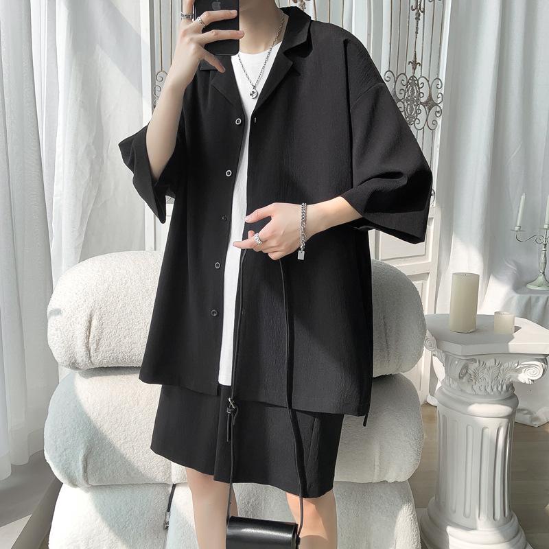 Men's Hong Kong Style Casual Short Sleeve Shirt & Loose Sports Shorts Two-Piece Set