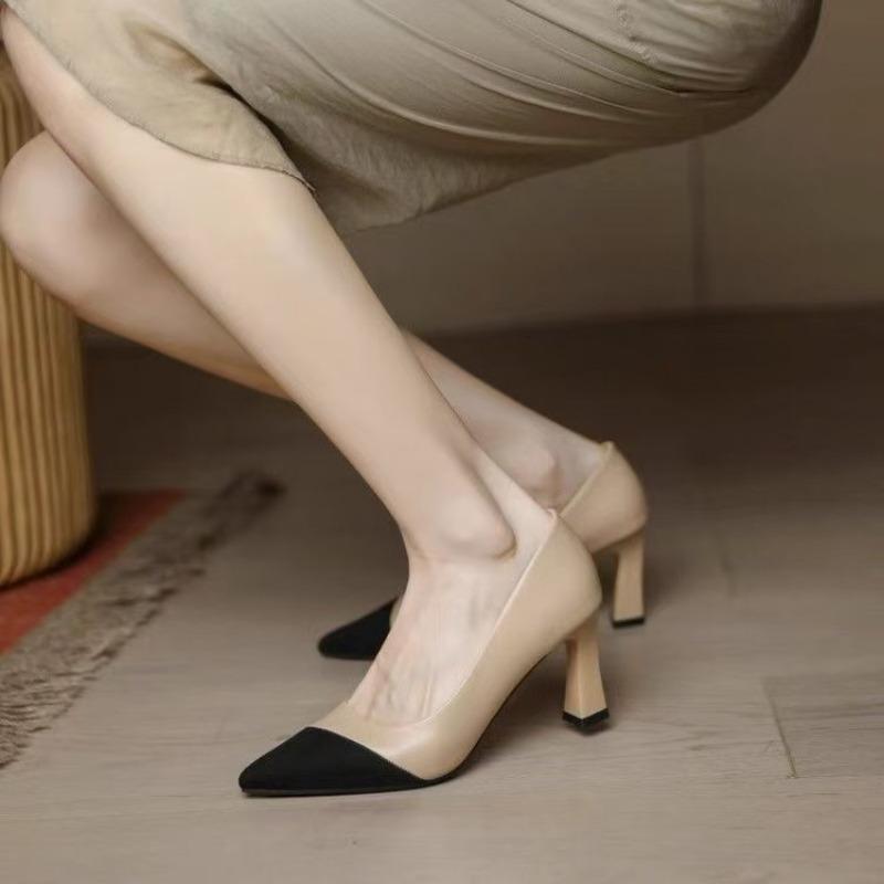 Color Matching High Heels Women's Pointed Head New Retro with Skirt Splicing Small Heel Single Shoes Women