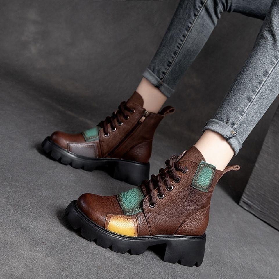 Color Blocking Round Toe Chunky Ankle Boots for Women Leather Lace-up Woman Short Shoes Autumn Winter Pu Fleece-Lined 39 Booties