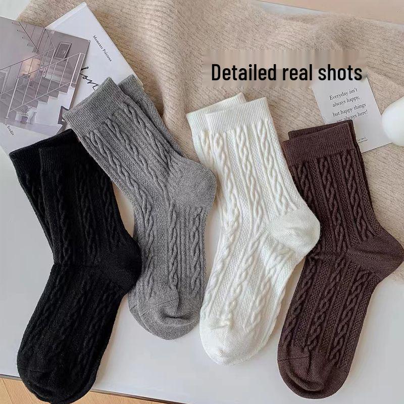 Women's Thick Cable-Knit Imitation Cashmere Mid-Calf Socks - Fleece-Lined, Warm, Japanese-Style, Maternity Slouch for Autumn/Winter
