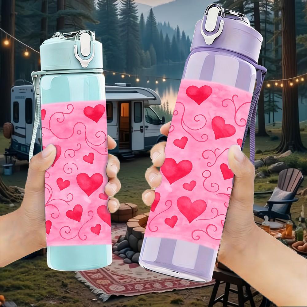 1PC Pink Red Heart Love Pattern Print 750ml Color Plastic Sports Water Bottle Leakproof Flip Straw Lid Suitable for Sports Office Home Use