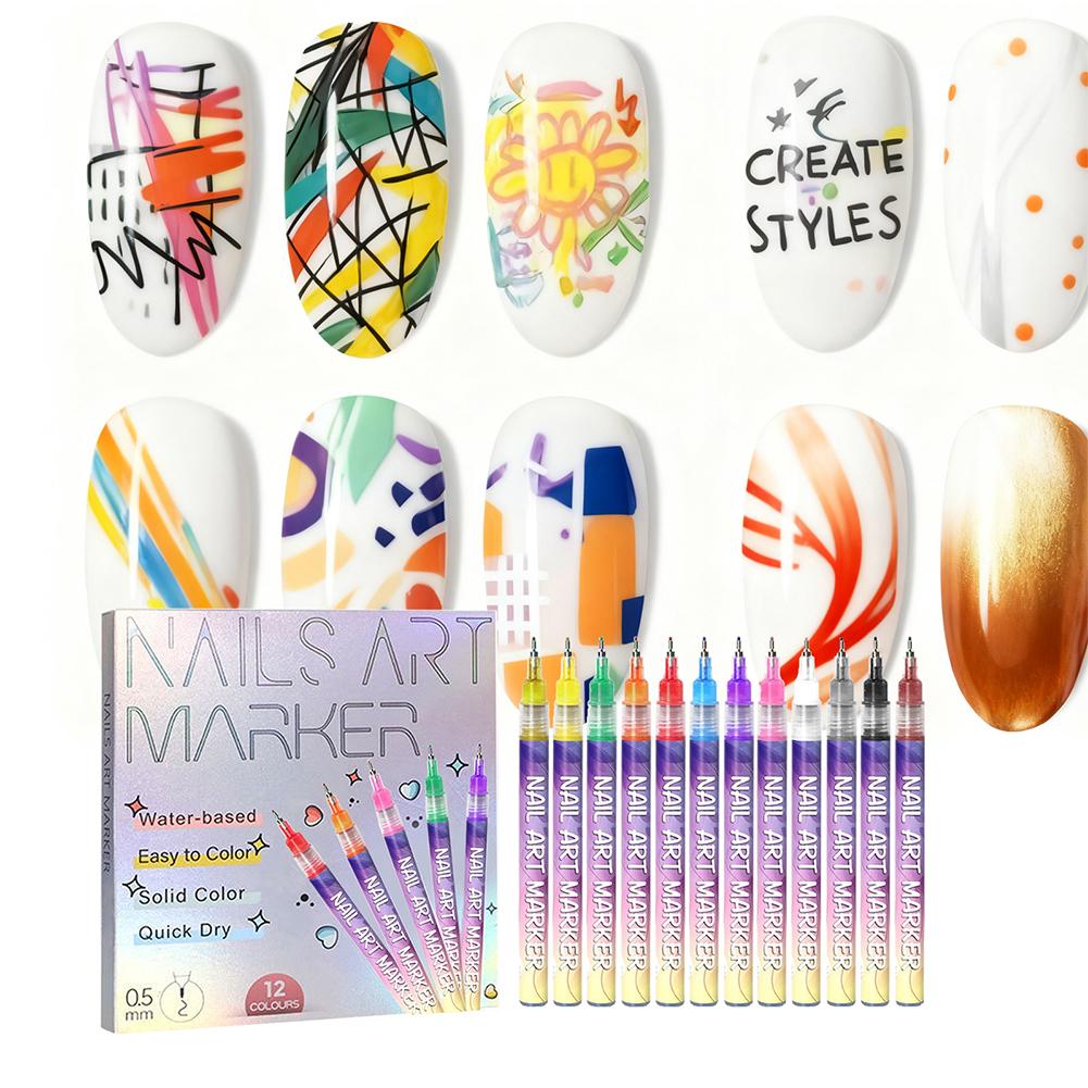 12 Stück/Set Acryl Graffiti Stift für Nägel 12 Farben Nagelmarker Malwerkzeug DIY Nagelkunst Werkzeuge Wasserdicht und Schnelltrocknend Nagelmarkierung