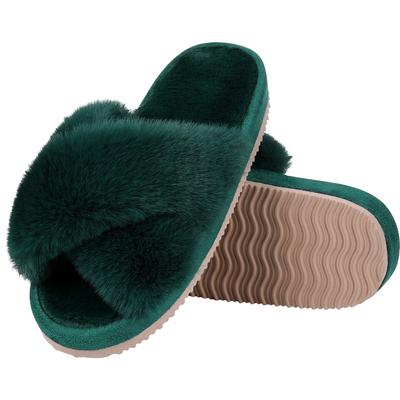 Goosecret Damen Hausschuhe mit gekreuzten Bändern, flauschig, offene Zehen, gemütliche Fell-Pantoletten, dicke Sohle, Plüsch-Schlafzimmerschuhe