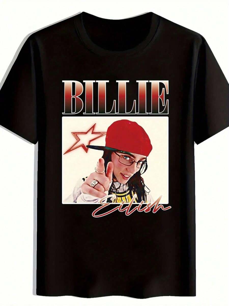 

Unisex S Graphic T-Shirt - Bold BILLIE Lettering & Red Star Design - Black Tee With Red Accents XXL