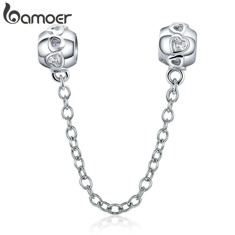Bamoer Genuine 925 Sterling Silver Simple Safety Chain Charm for Original Bracelet Stopper with Silicone Jewelry