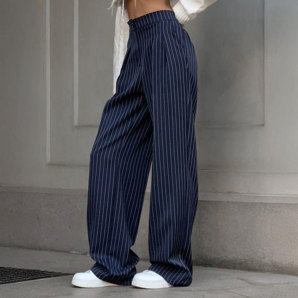 Straight Striped Trousers With Wide Legs, Loose Fitting Suit Pants For Women