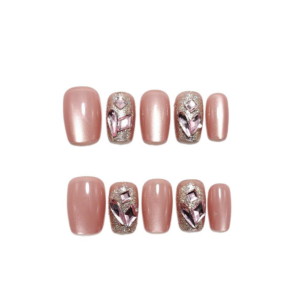 Nude Pink Ultra-Sparkling Cat Eye Glitter Short Press-On Nails for Daily Use