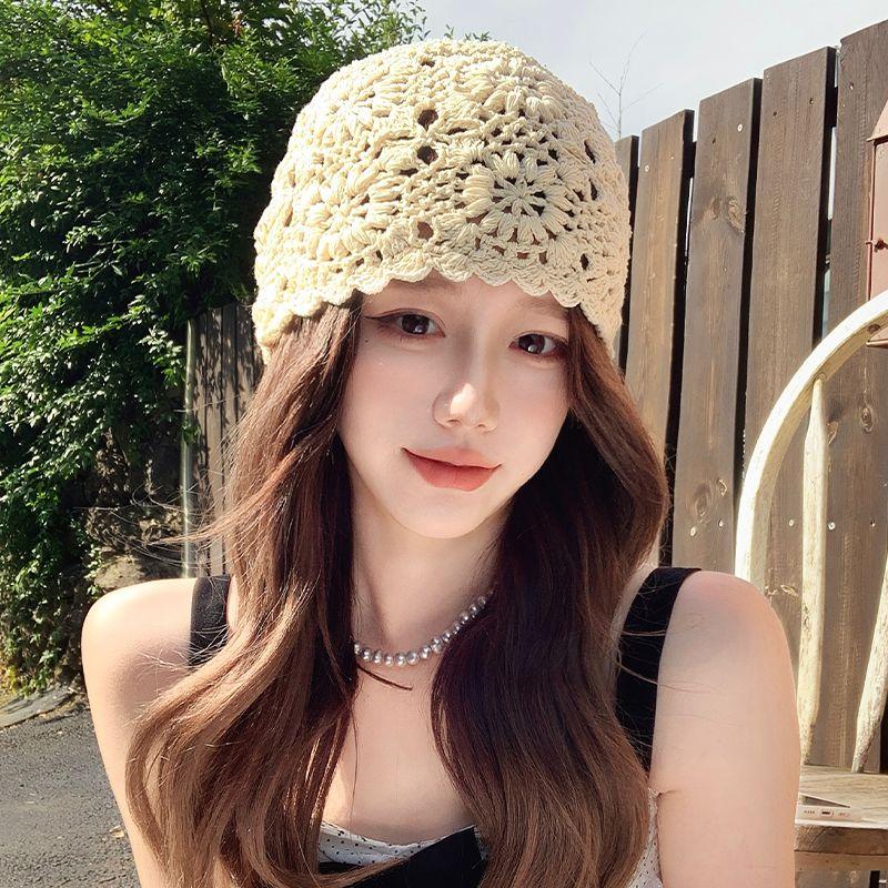 

Handmade Crochet Cut Out Hat Wig One Female Long Curly Hair Confinement Toque Cold Pile Heap Cap Travel Fashion Tide Beige + cold brown long curly hair