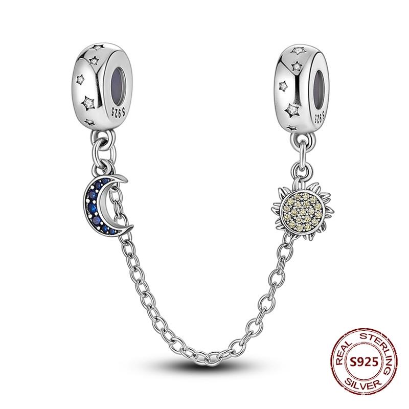 925 Silver Star Moon Bracelet Ocean Safety Chain with Colored Zircon Beads DIY Fine Jewelry for Women