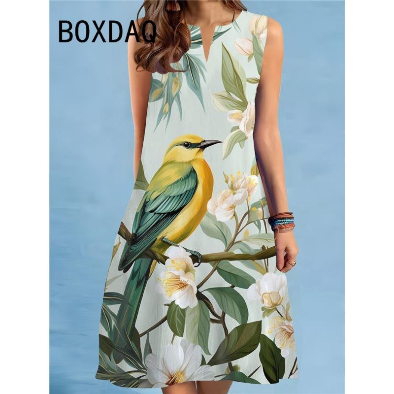 

Elegant Peacock Pattern Print Women Dress Sweet Casual Summer Sundress Sleeveless Sexy V-neck Loose Casual A-Line Dress S
