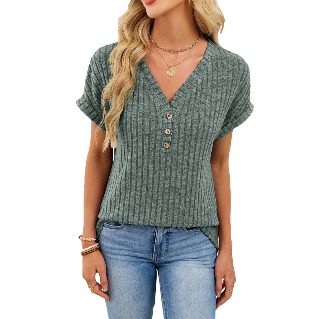 Women's Casual Fashion Comfortable V-Neck Button-Up Loose-Fit Top