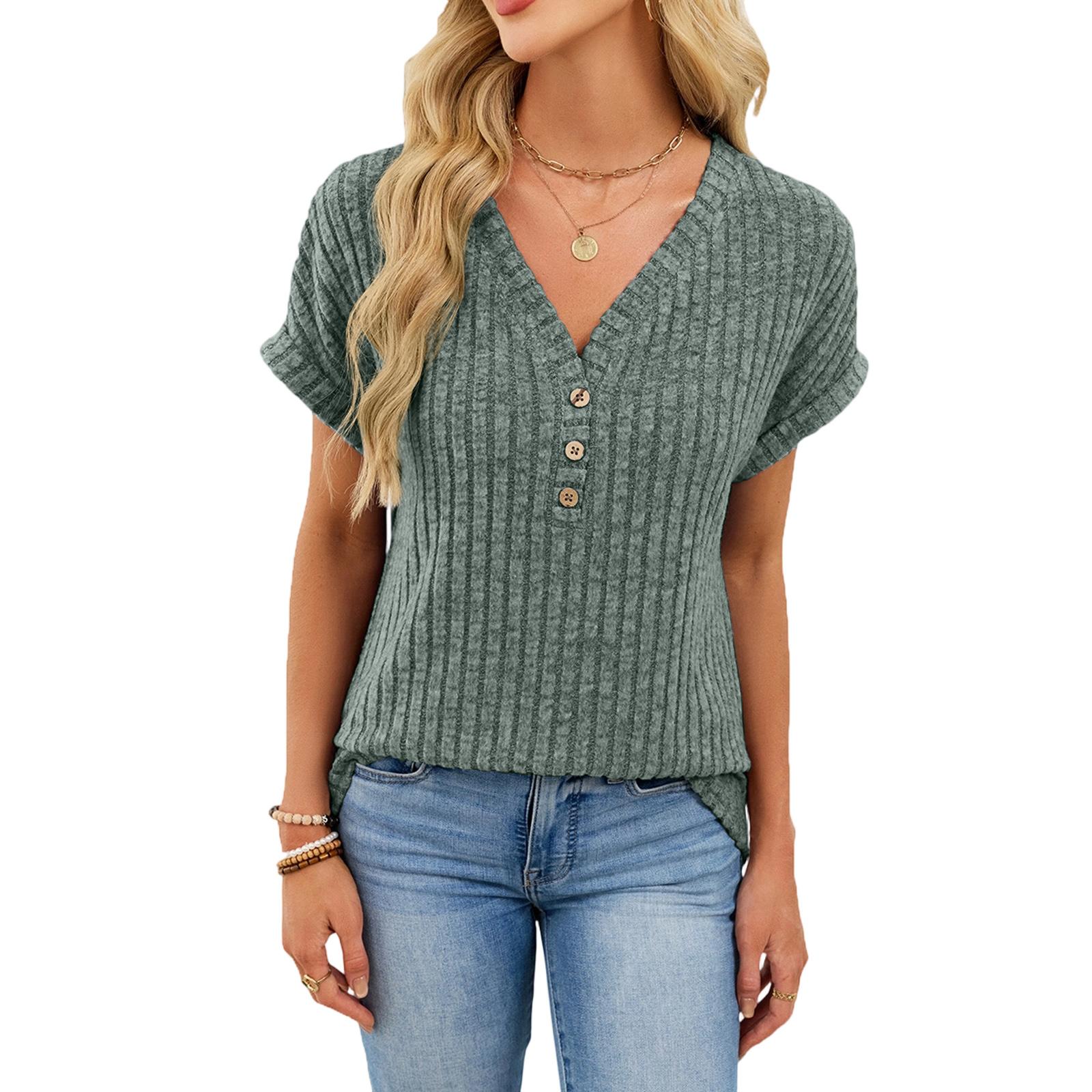 Women s Casual Fashion Comfortable V-Neck Button-Up Loose-Fit Top XXL