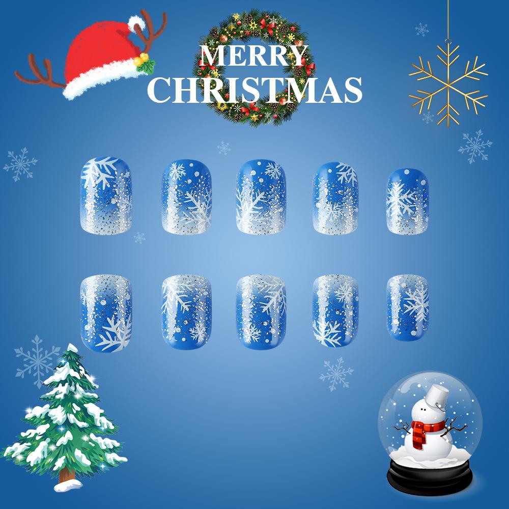 24Pcs Christmas Blue Glitter Short Square Press On Nails With Snowflake French Design Fake Nails For Women Holiday Manicure